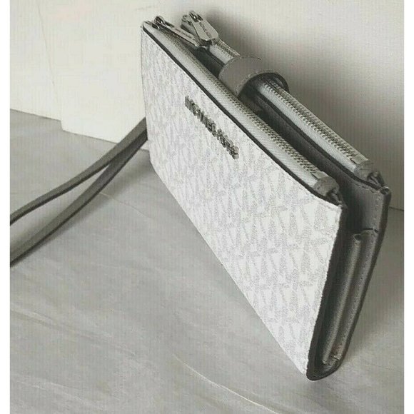 New Michael Kors Jet Set Travel Double Zip Wallet Signature Bright White - Picture 4 of 6